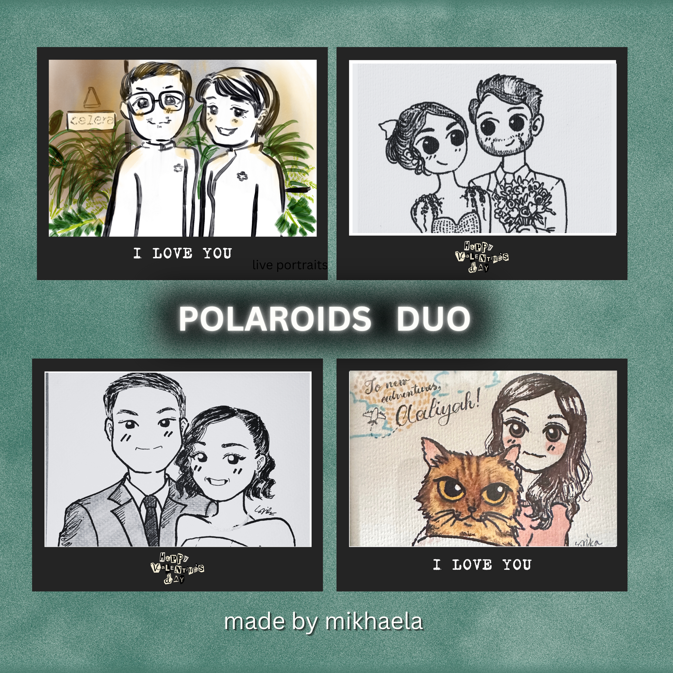 Hand Illustrated Portraits Polaroid: Custom Art Keepsakes - DUO WIDE